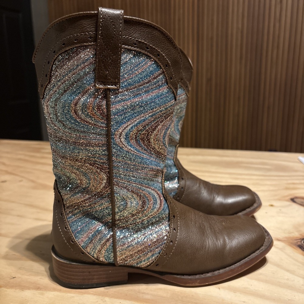 Roper Kids Girls Size 2 Brown Faux Leather Glitter Swirl Cowboy Boots